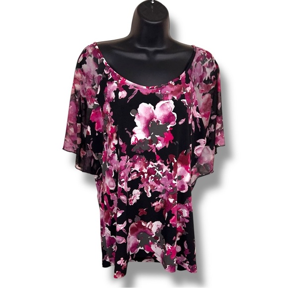 Large Susan Lawrence Blouse Short Sleeve Black Fuchsia Pink Floral Stretch - Picture 1 of 12